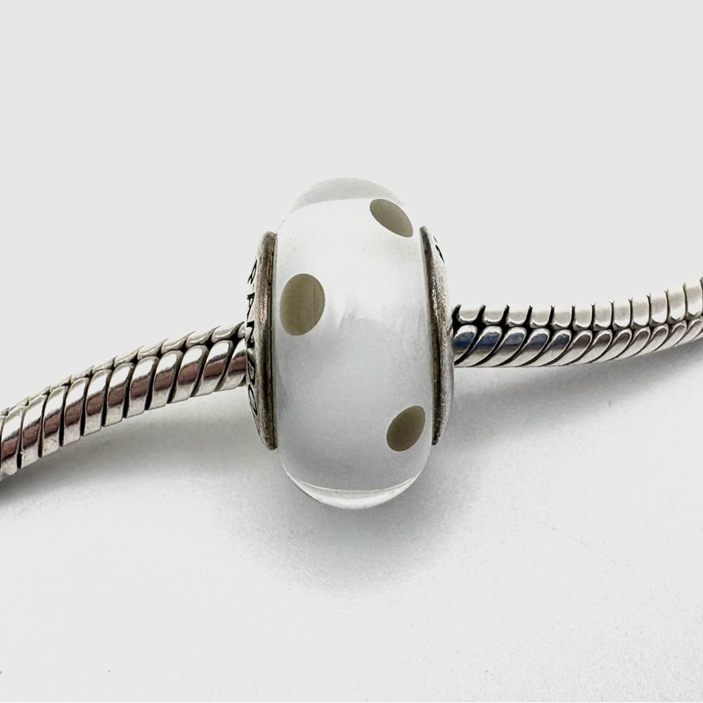 Pandora White & Beige Polka Dots Murano Glass Sterling Silver Charm